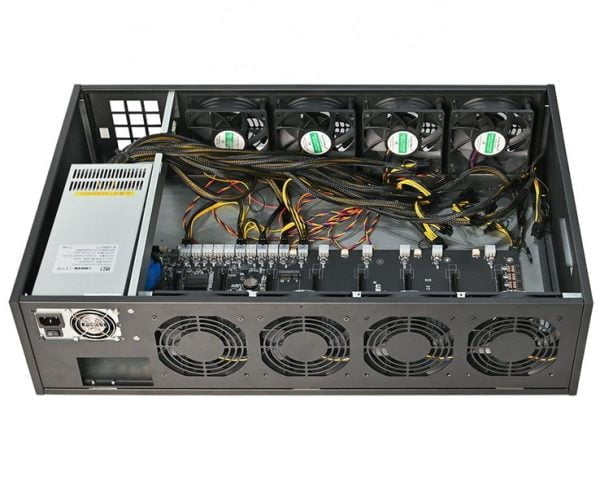 A base para mineração de GPU ETH  8x – 1x MB, 1x CPU, 1x DDR, 1x RESOURCE, 8x ventilador, gabinete